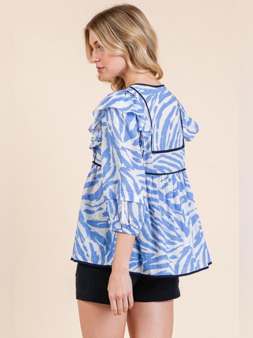 Lime 'N' Chili Graphic Print Solid Trim Quarter Sleeve Blouse - Picture 3 of 14